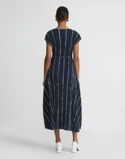 Stripe Print Recycled Poly Satin Pliss Dress
