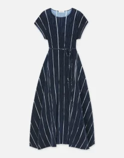 Stripe Print Recycled Poly Satin Pliss Dress