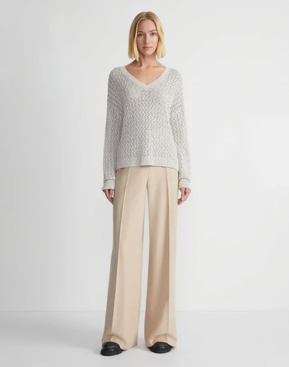 Sustainable Linen-Silk Sequin Cable V-Neck Sweater