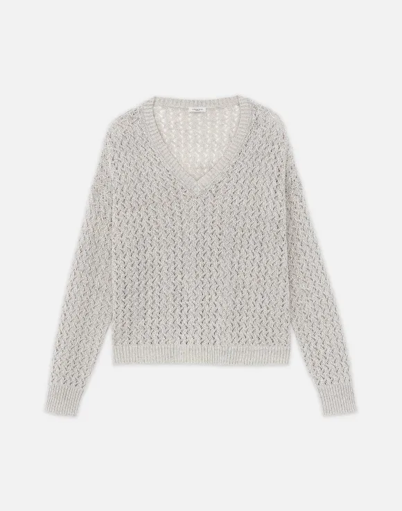 Sustainable Linen-Silk Sequin Cable V-Neck Sweater