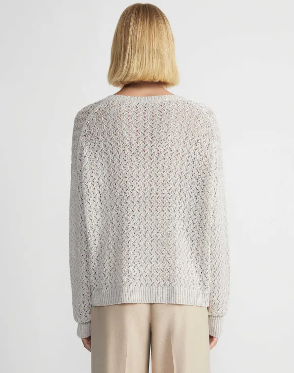 Sustainable Linen-Silk Sequin Cable V-Neck Sweater