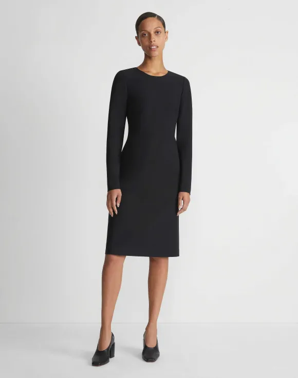 Wool-Silk Crepe Long Sleeve Sheath Dress